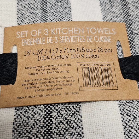 3 New Kitchen Towels Black White Gray Plaid Check Stripe Studio Belle 18 X 28 - Picture 4 of 12